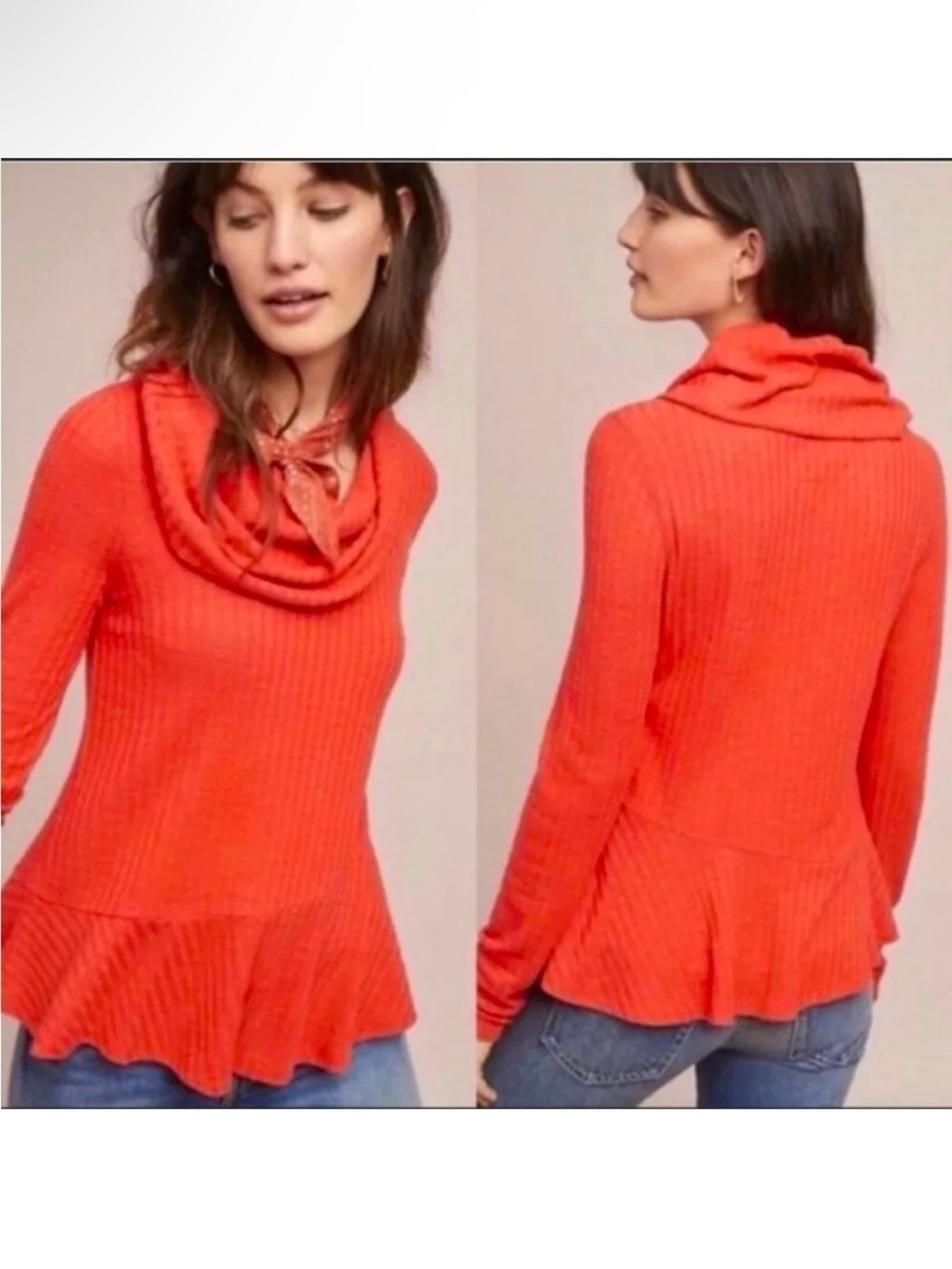 Anthropologie Maeve Winterscape Sweater Cowl Neck Peplum Hem Orange Size Medium